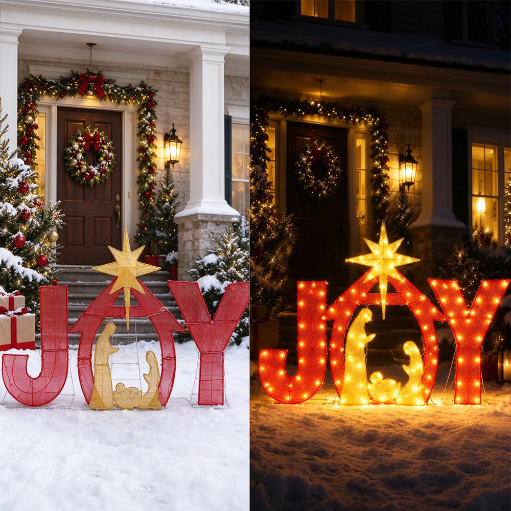 6Ft x 4Ft Outdoor Christmas Decor Lighted Joy Nativity Yard Sign