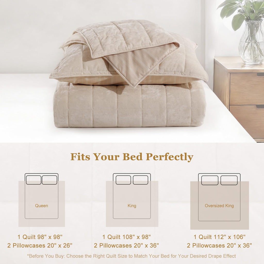 Velvet Quilt Set Oversized King 112"x106", Light Beige