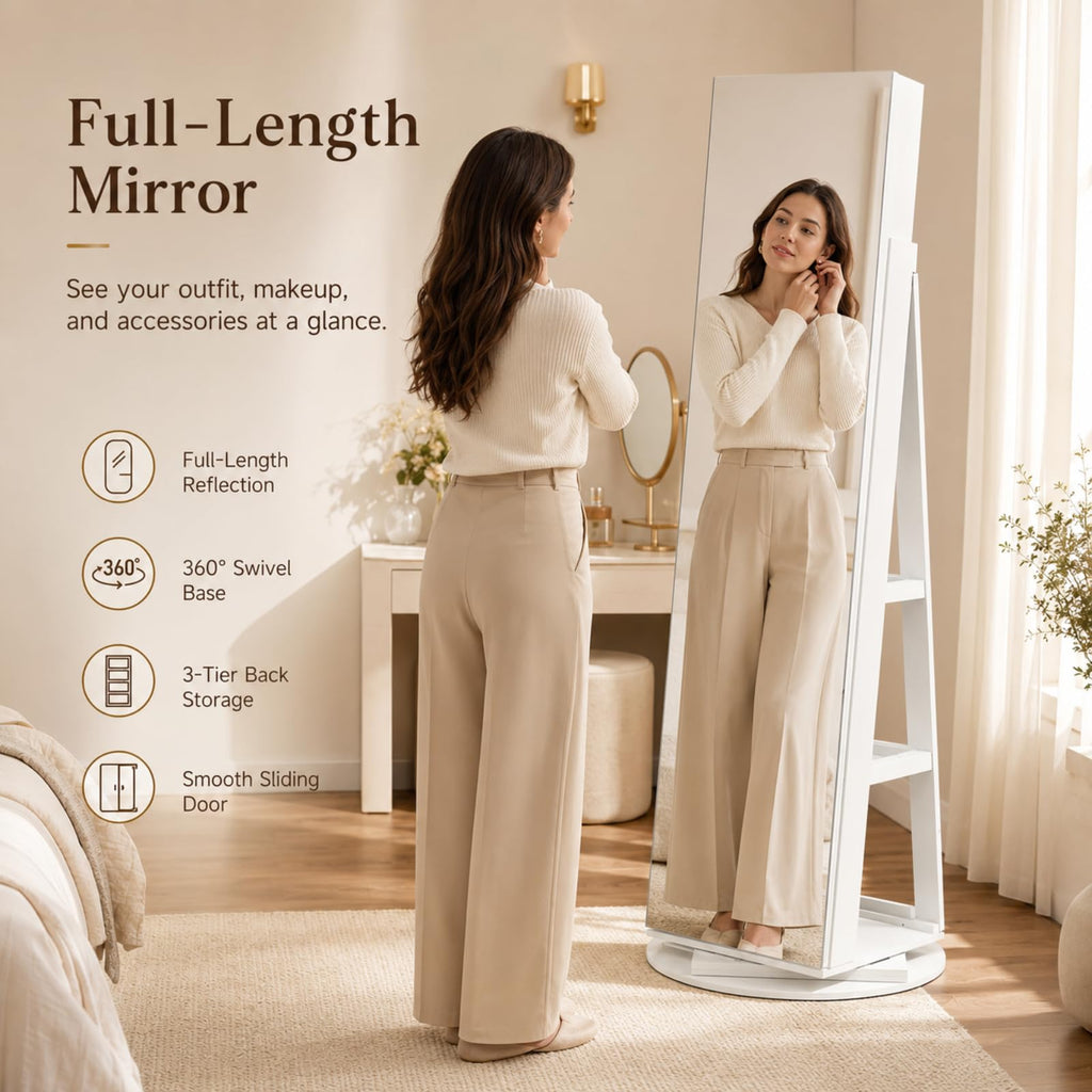 360° Swivel Jewelry Armoire with Full-Length Mirror and Sliding Door, Standing Jewelry Cabinet with 3 Rear Shelves