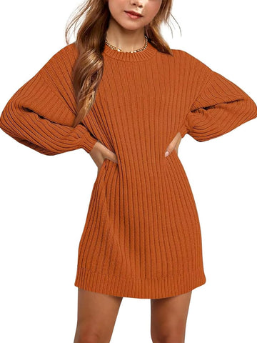 Ribbed Knit Sweater Dress Batwing Long Sleeve Teen Pullover Casual Loose Fit Fall Winter Mini Dresses