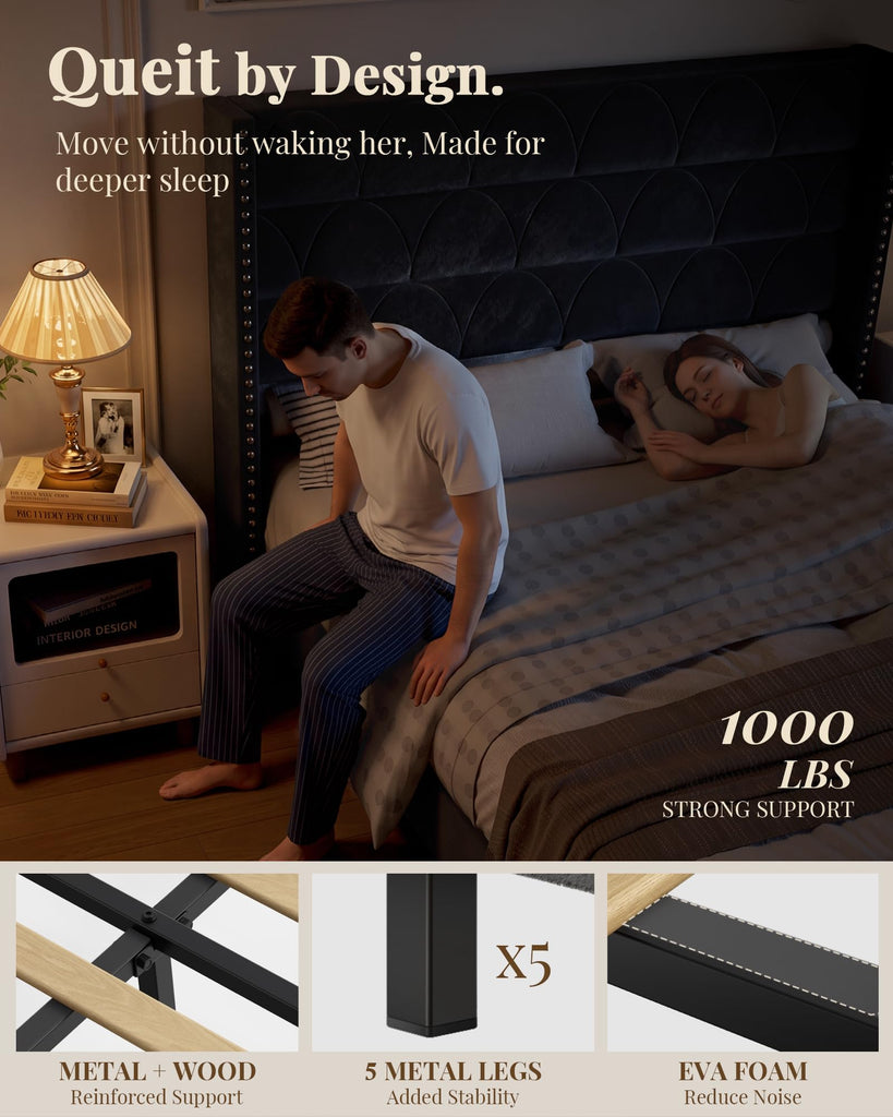 King Size Bed Frame with 56" Headboard - Velvet Upholstered Wingback Platform Bed Frame, Noise Free, Sturdy Wooden
