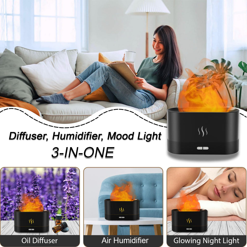 Essential Oil Diffuser, 180mL Flame Diffuser Humidifier with LED Fireplace Effect, Up to 8 Hours, Waterless Auto