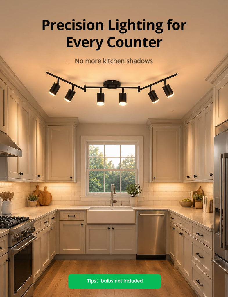 6 Light Black Kitchen Track Lighting Fixtures Ceiling Adjustable Head