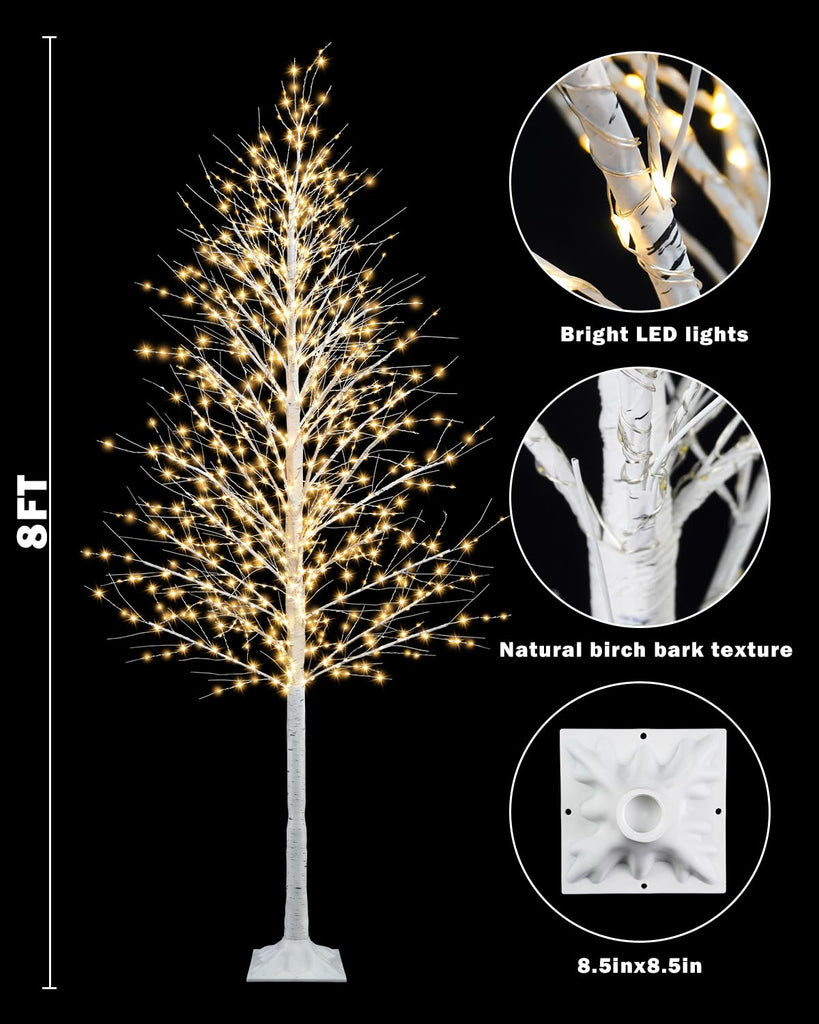 8FT Lighted Birch Tree 1440 LEDs Warm White Lights, 8 Modes Light Up White Artificial Christmas Twig Tree with Timer
