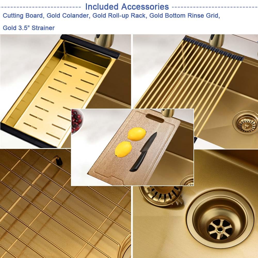 25x19 Gold Undermount Kitchen Sink Workstation 16 Gauge Stainless
