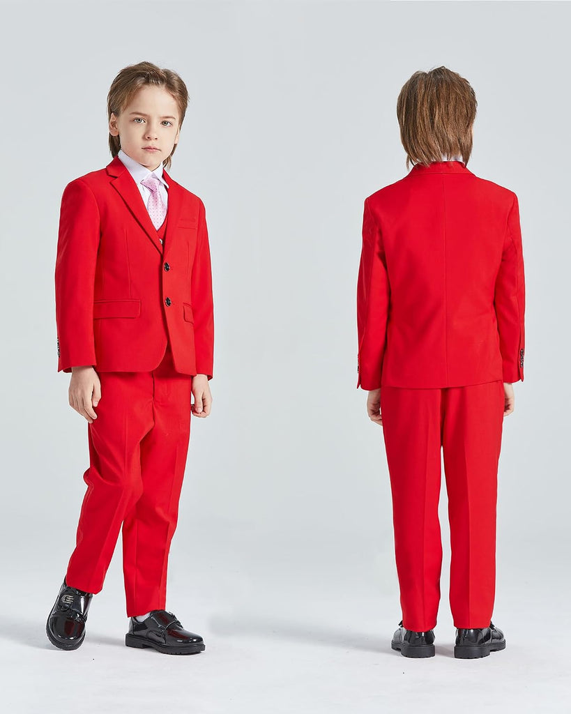 Boys 5 Piece Slim Fit Suit Set, Solid Formal Dresswear of Jacket Vest Pants Shirt and Tie