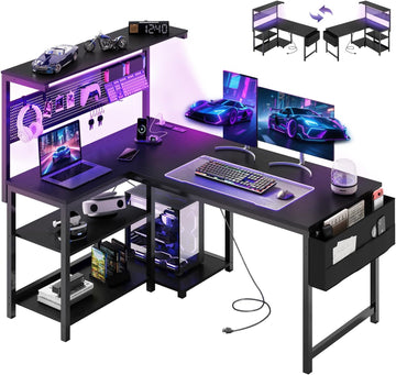 47in L Shaped Gaming Desk with Pegboard & Shelf & Storage Bag, Black | LED Light, Power Outlet, Reversible Gaming