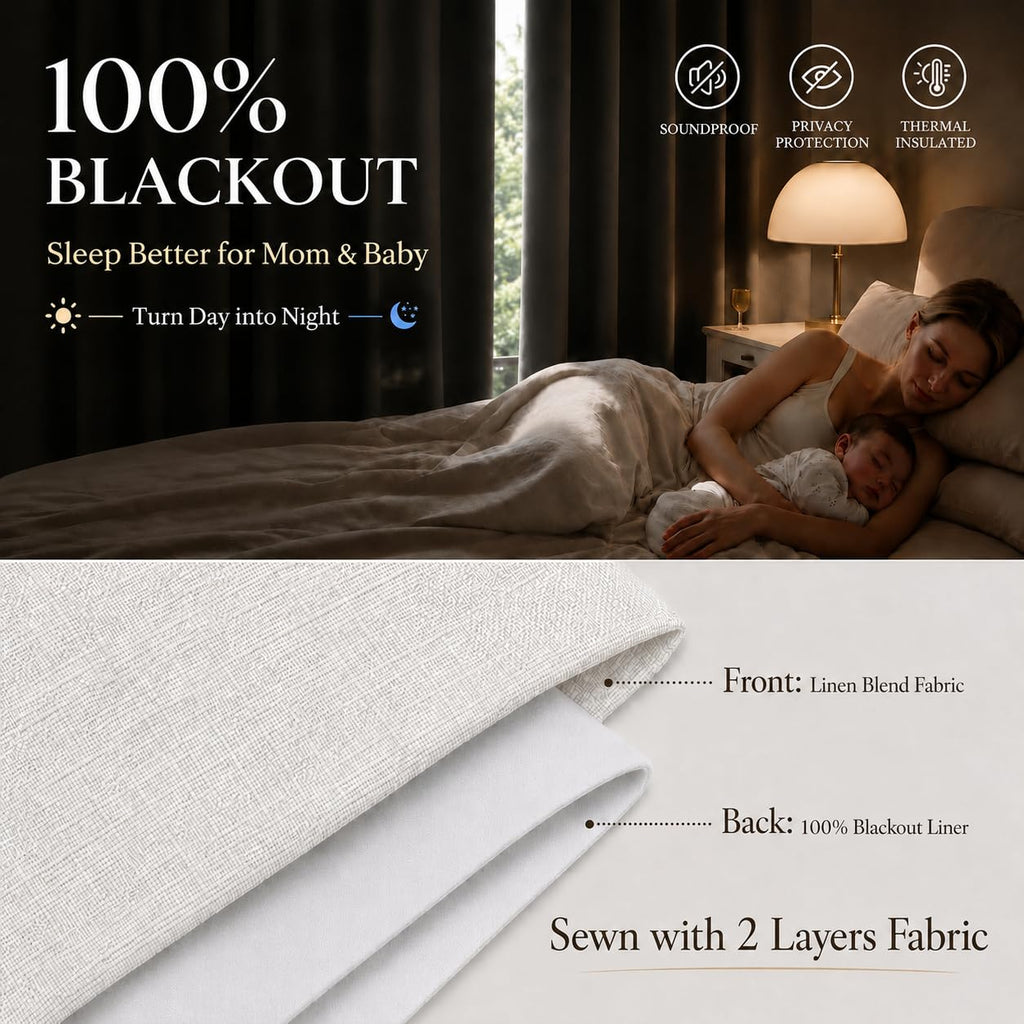 120 Inches Floor to Ceiling Blackout Curtains Pleated High Temperature Trained Linen Drapes for Sliding Glass Door