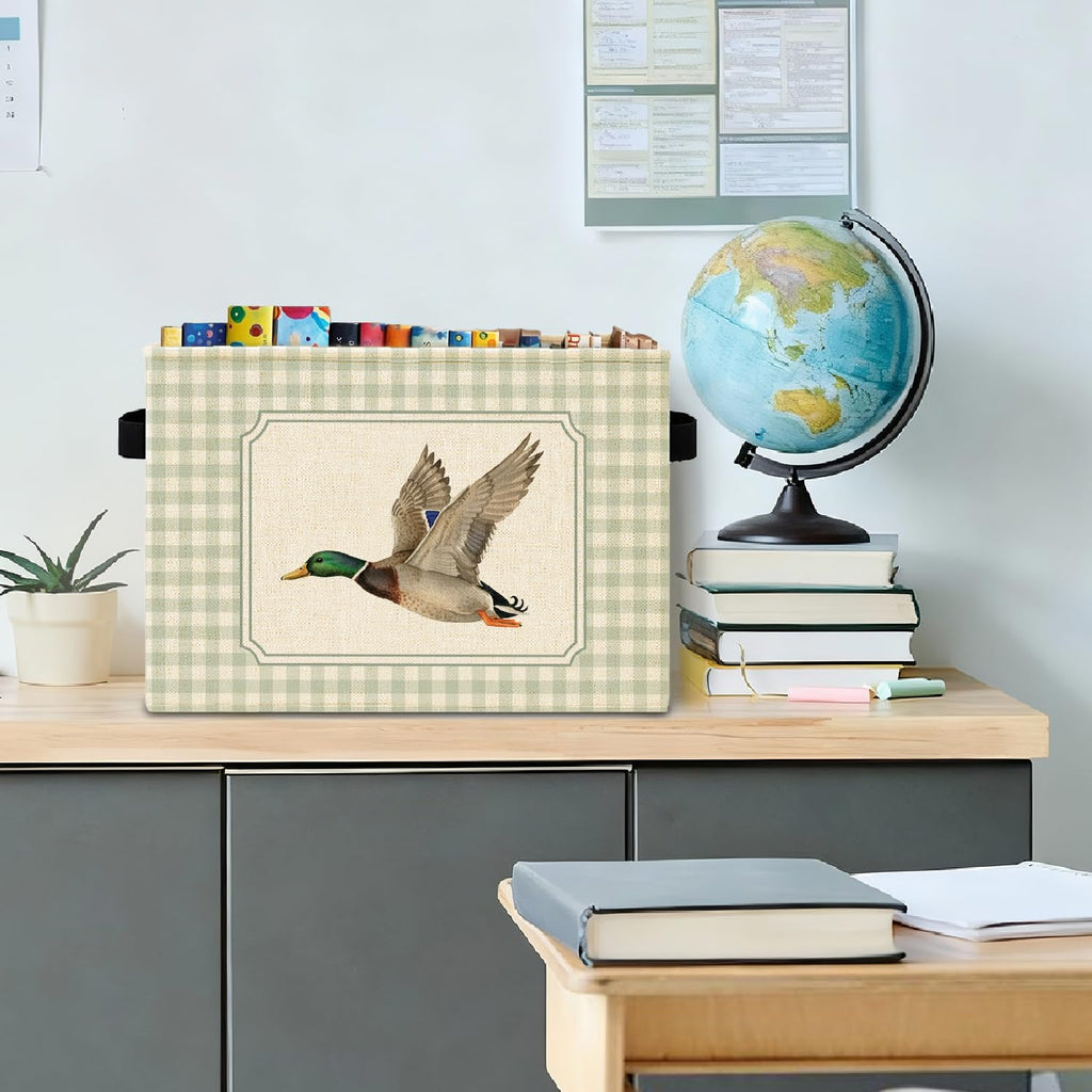 Green Checkered Mallard Duck Storage Bins Box with Handles, Rustic Flying Mallard Duck Plaid Laundry Basket Hamper