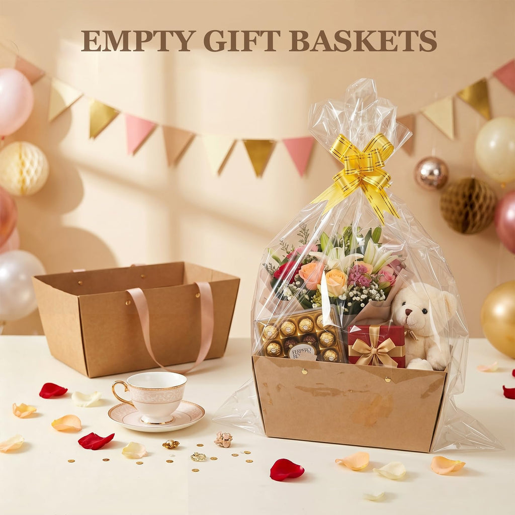 15 Sets Empty Gift Basket, Bulk Kraft 9.8x6.7 Inch Baskets with Handles