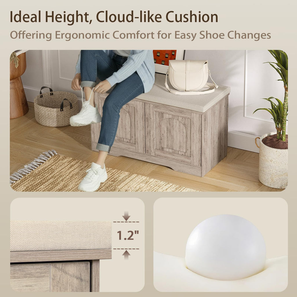 Shoe Storage Bench with Cushion, Door, Greige 31.5" LX17.7 H