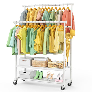 Double Rods Clothes Rack for Hanging Clothes, Heavy Duty Rolling Clothing Rack with Wheels, Freestanding Garment