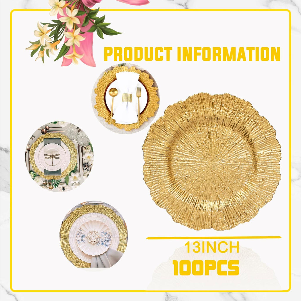 Gold Charger Plate 13 in Round Matte Reef Plate Charger Ruffled Rim Dinner Charger Hollow out Flower Holde (12) - Set of 12