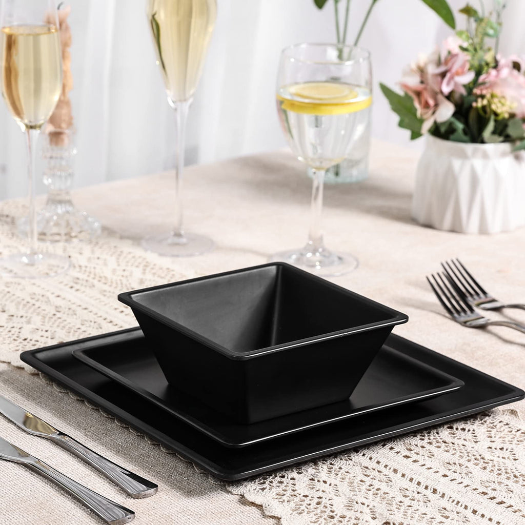 12 Piece Melamine Plates and Bowls Sets,Black Square Dinnerware Set for 4