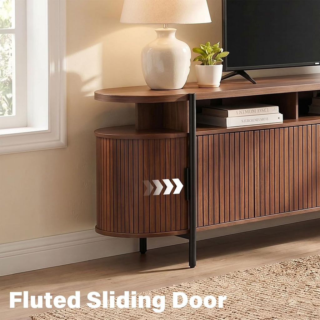 69" Mid Century Modern TV Stand, Curved Entertainment Center with LED Light & Power Outlet, Fluted Wood TV Stand for