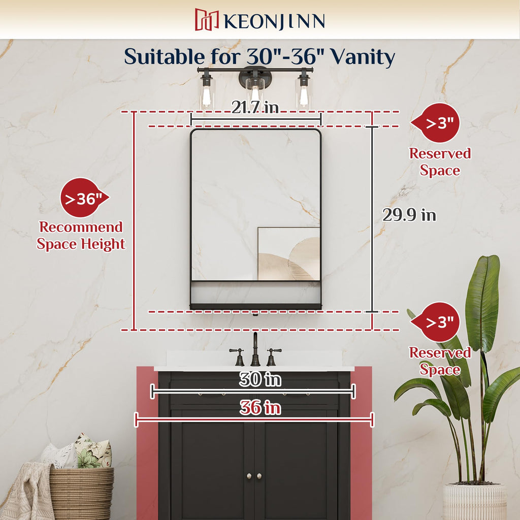 22 x 30 Inch Black Bathroom Mirror with Shelf, Rust-Resistant