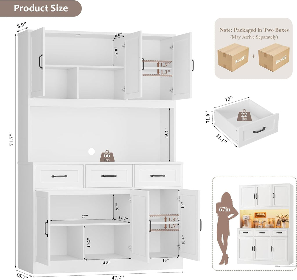 Kitchen Pantry Storage Cabinet, Tall Kitchen Hutch Cabinet, White | 47"W Food Pantry Cabinet with Smart LED /