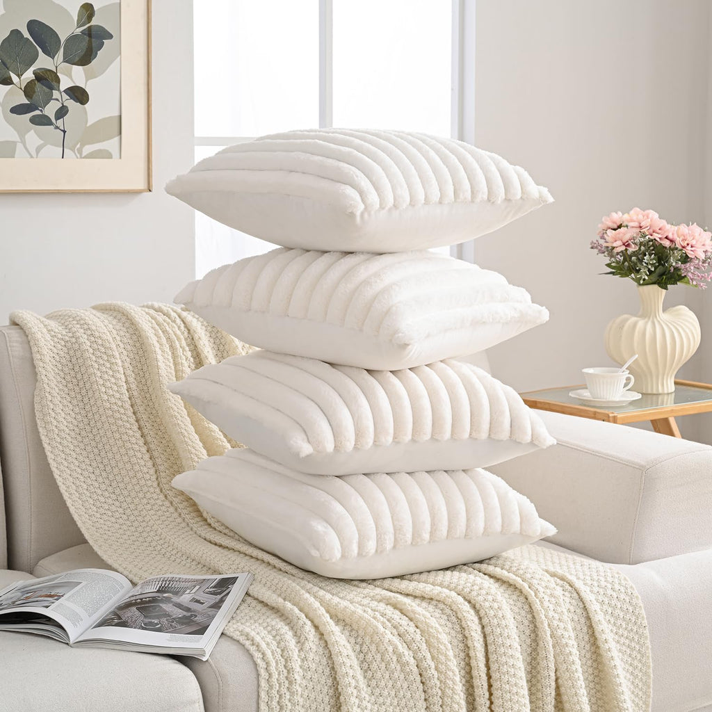 Set of 4 Faux Fur Plush Decorative Throw Pillow Covers 18x18 Inch, Luxury Striped Cushion Cases Soft Fluffy Accent