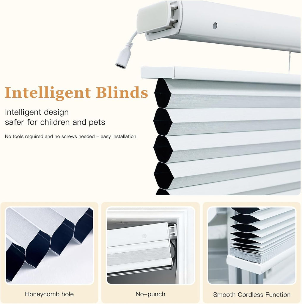 Motorized Cellular Shades Top Down Bottom Up, No Drill No Tools Installation, Compatible with Alexa & Google Home