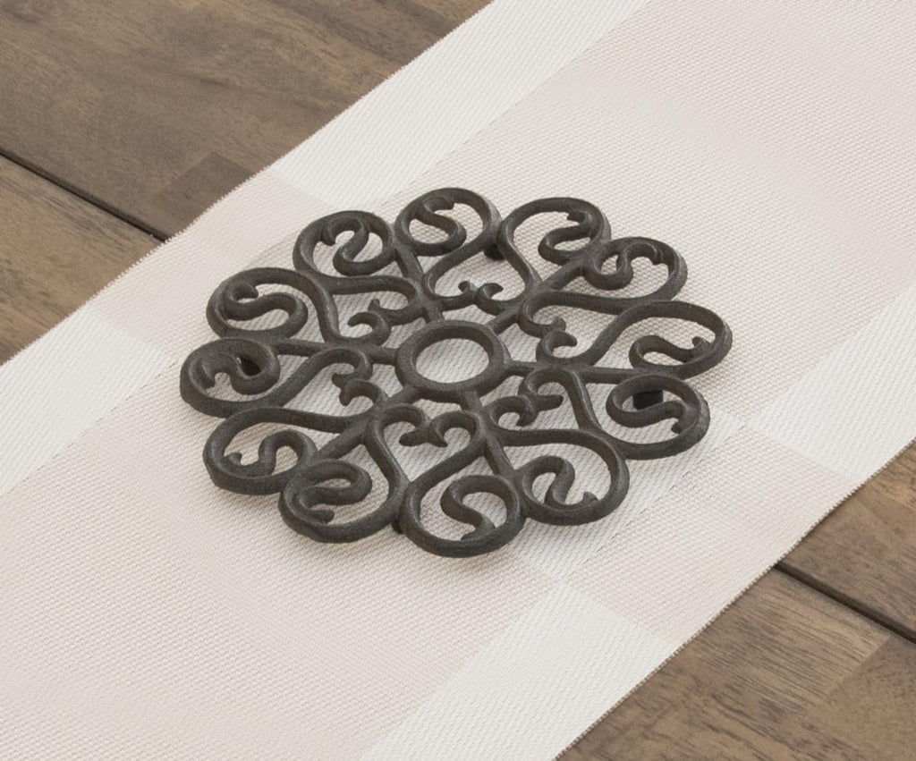 Cast Iron Trivet for Hot Dishes, Pots, and Pans, Metal Trivet, Victorian Design, Rubber Feet Caps, Ring Hanger, 8
