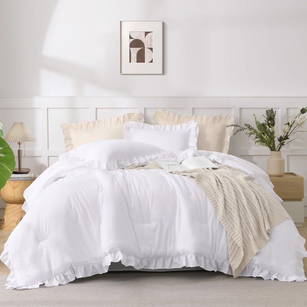 Comforter Set White, 3 Pieces Ruffle Farmhouse Bed Set