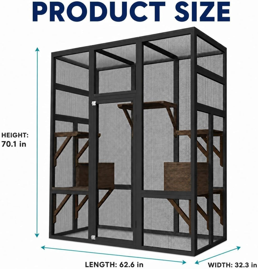 70" Catio Outdoor Cat Enclosure, Wooden Patio Cat House, Black