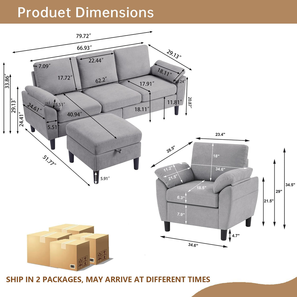 Convertible Sectional Sofa Set, 79" Modern L Shaped Couch, Linen Upholstered 3 Seat Sofa and 35" Accent Chair