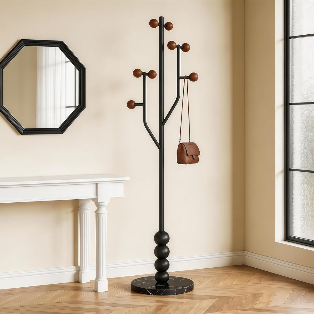 Freestanding Mid-Century Modern Tree Coat Rack | Freestanding metal rack with black marble base & wood spherical hooks