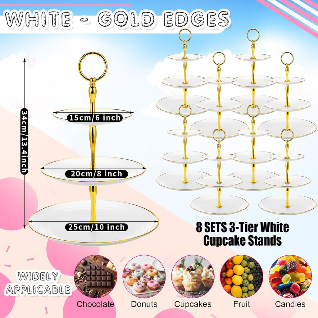 Tier Cupcake Stand Bulk Tiered Dessert Stand Thick Plastic Serving Tray with Gold Edges Dessert Table - Set of 8