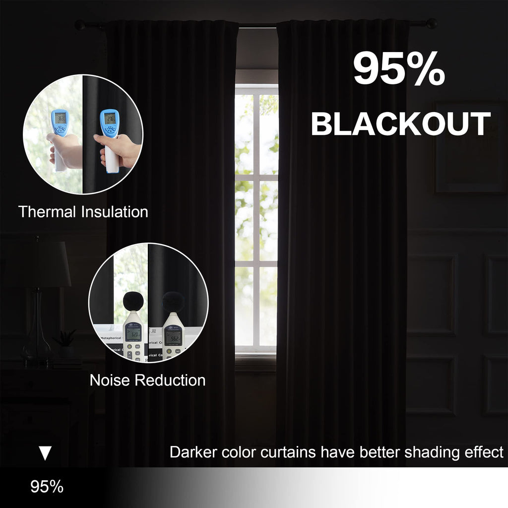 2 PCs Blackout Extra Long Black Curtains 2 Panels, 52" W x 132''L