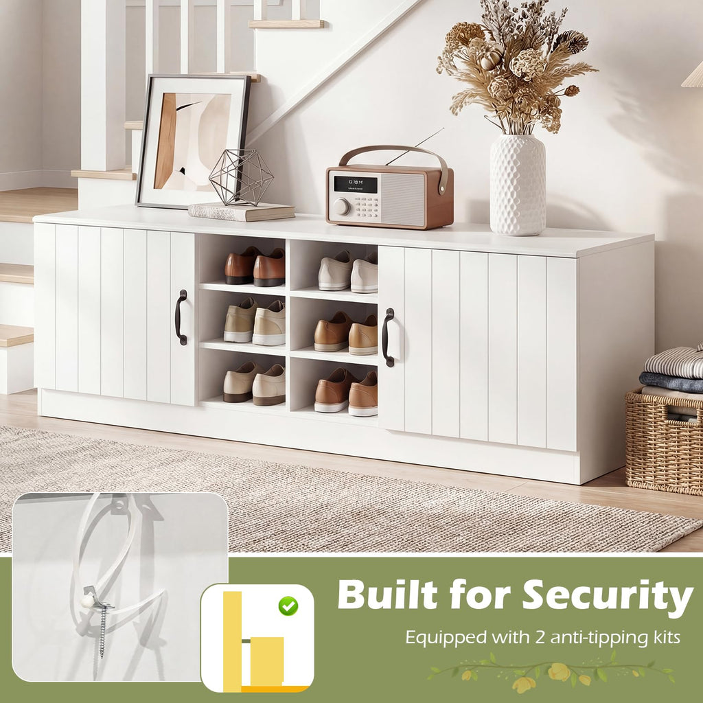 2-Door Shoe Storage Bench, Wooden Entryway Bench with Storage, Adjustable Shelves & 6 Compartments, Modern Shoe
