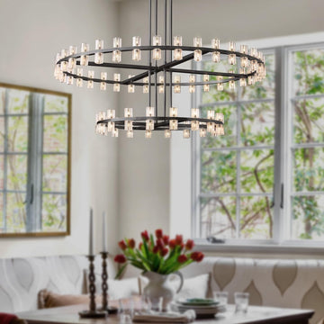 Large Black Wagon Wheel Chandelier 72-Lights Black Round Chandeliers Glass Chandeliers for Dining Room,Living Room Vintage Chandelier D32''+D40''