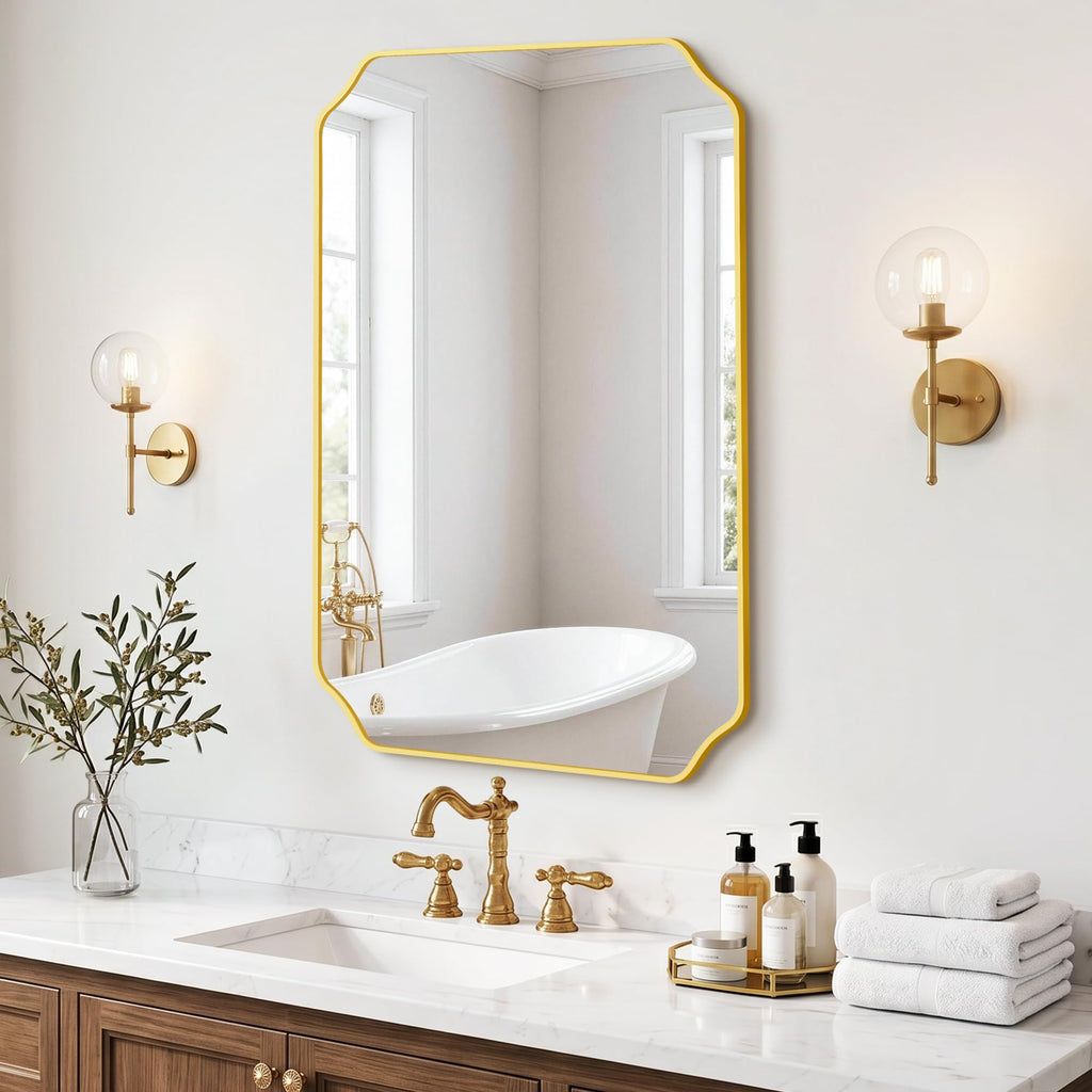 Gold Vanity Bathroom Mirror, 24" x 36" Scalloped Mirror for Wall