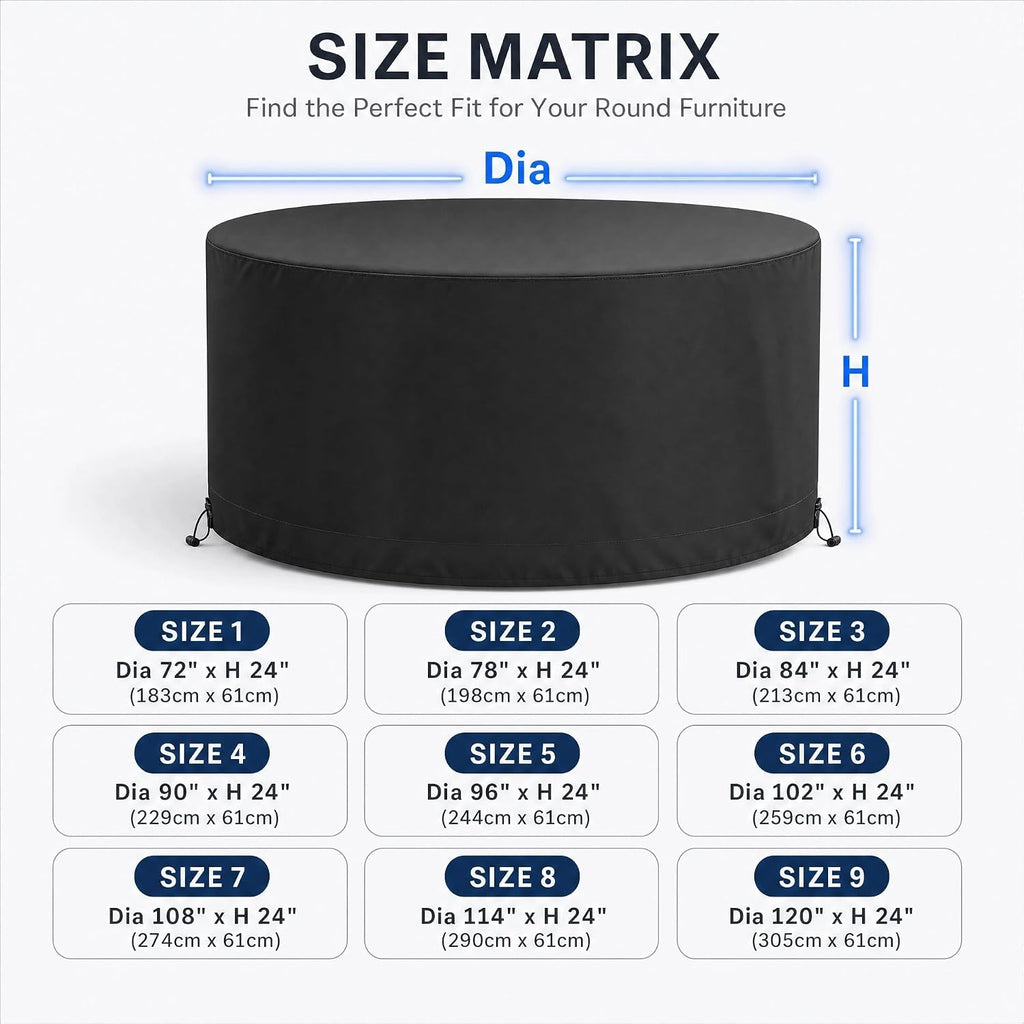 Waterproof Round Patio Table Cover, 60in Dia x 36in H | Heavy-Duty Black Outdoor Cover for Large Round Tables and