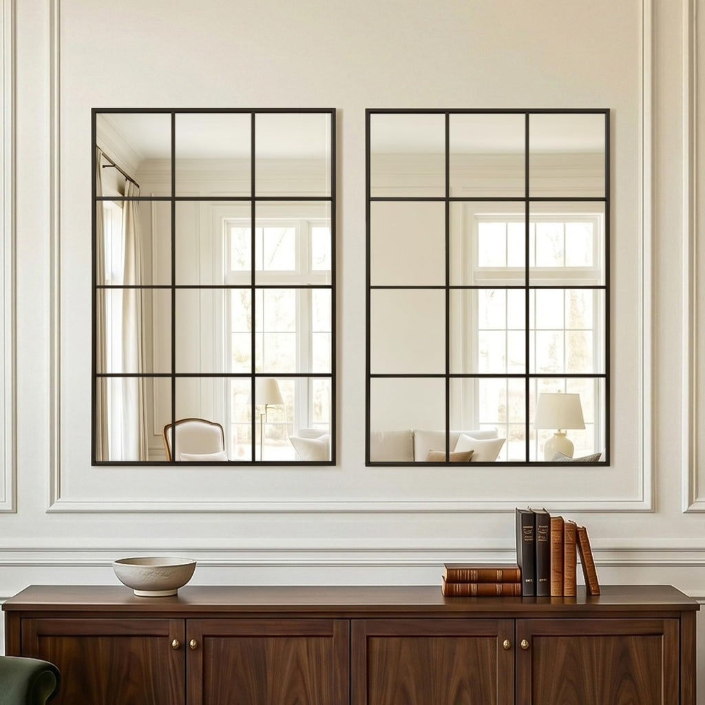 Windowpane Wall Mirror 30"x40" Black Wall Mounted Art Pane Mirror Farmhouse Decorative Mirror Leaning Hanging Wall
