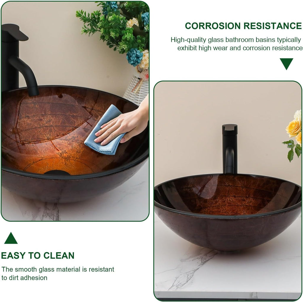 Artistic Vessel Sink Bathroom Vessel Sink Round Brown Tempered Glass Vanity Round Bowl With Pop-up Drain 16-1/2