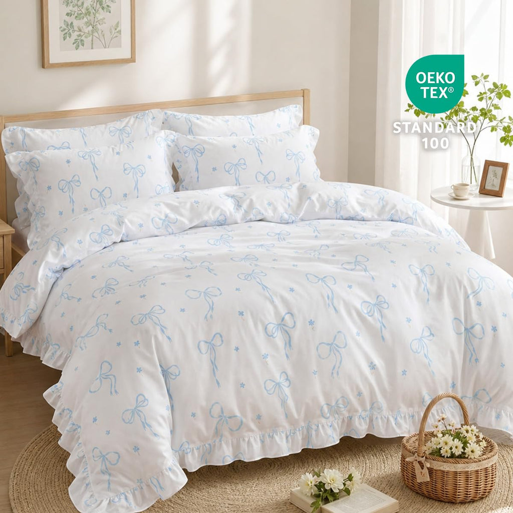 Ruffle Comforter Set, White Comforter Set with Blue Bow
