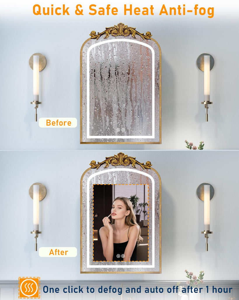 20"x30" LED Bathroom Medicine Cabinet with Mirror and Lights, Bronze Hand-Painted Baroque Bathroom Storage with
