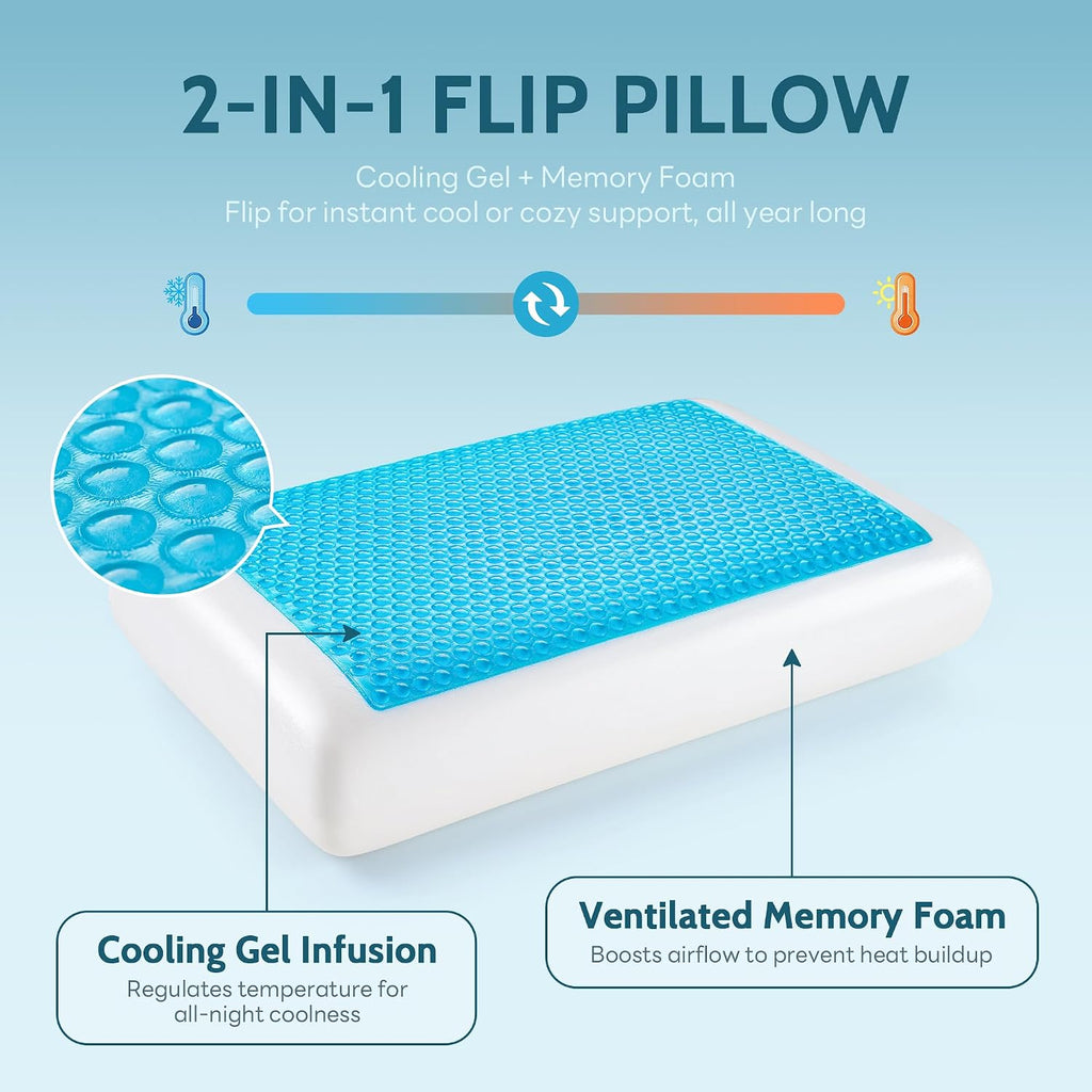 Gel Cooling Pillows for Hot Sleepers, Cooling Memory Foam Pillow with Reversible & Removable Cover, Cold Pillow for
