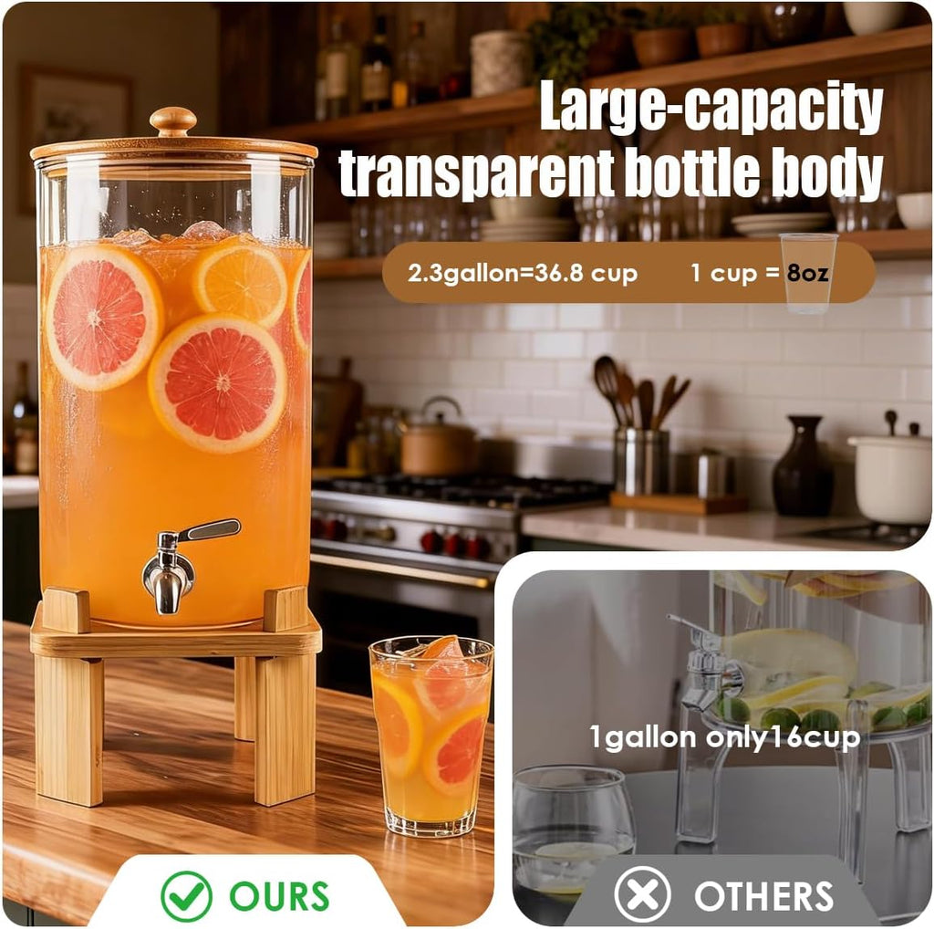 2.3 Gallon Large Glass Drink Dispenser for Parties, with Wood Stand, Juice & Lemonade Dispenser, Iced Beverage
