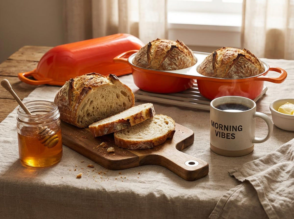 Double Dutch Oven for Bread Baking - Enamel Cast Iron Double Dutch Oven with Two 16.5cm Round Loaf Spaces, 500°F Heat