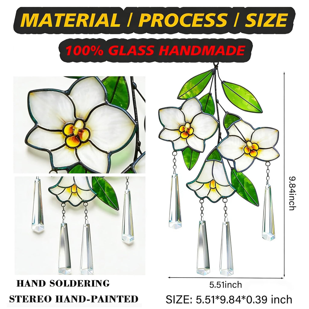Stained Glass Plumeria Flower Suncatcher, Window Decor with Crystal Prisms