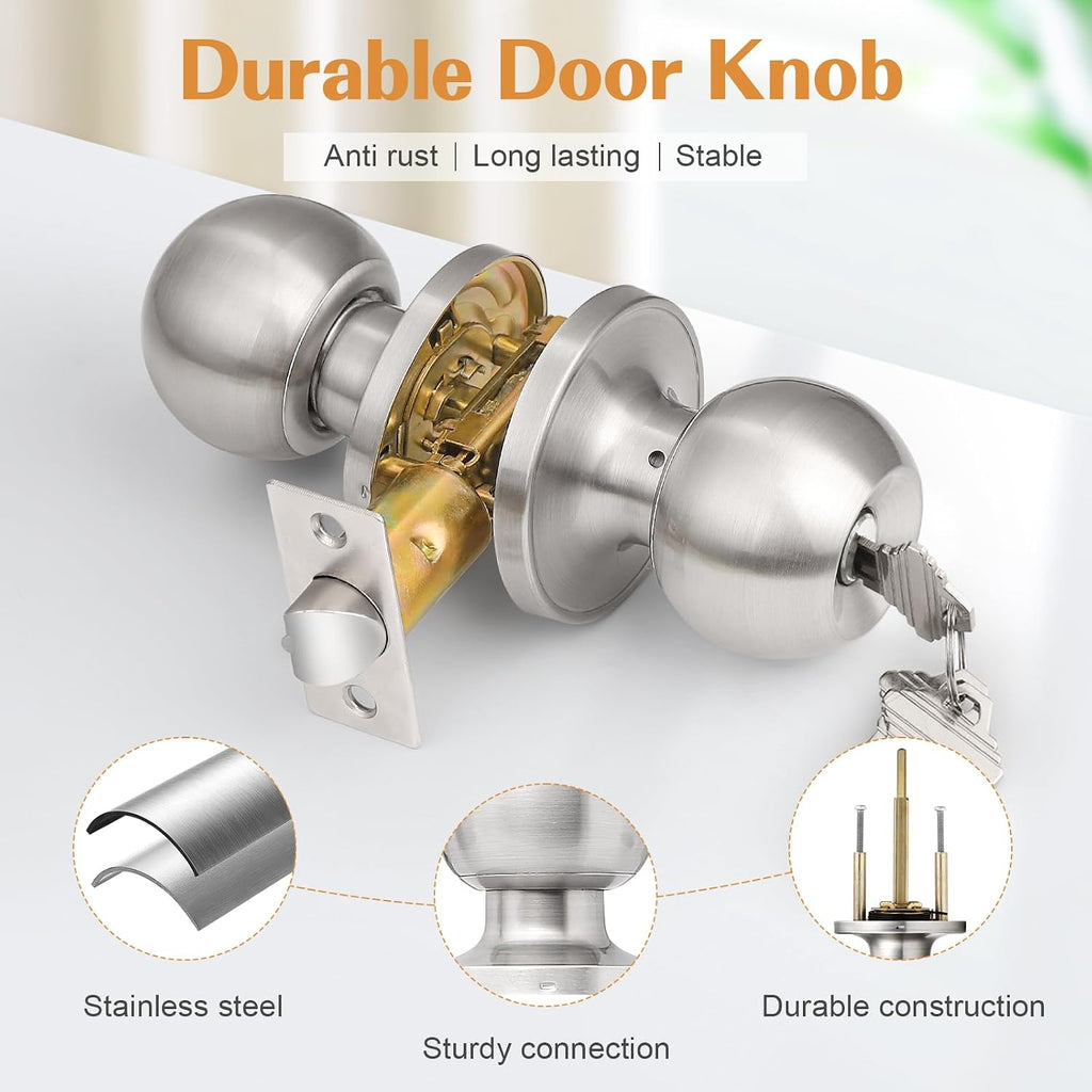 2 Pack Keyed Alike Entry Door Knobs with Lock and Key Ball Door Knob Handles Entrance Door Lockset Brushed Nickel