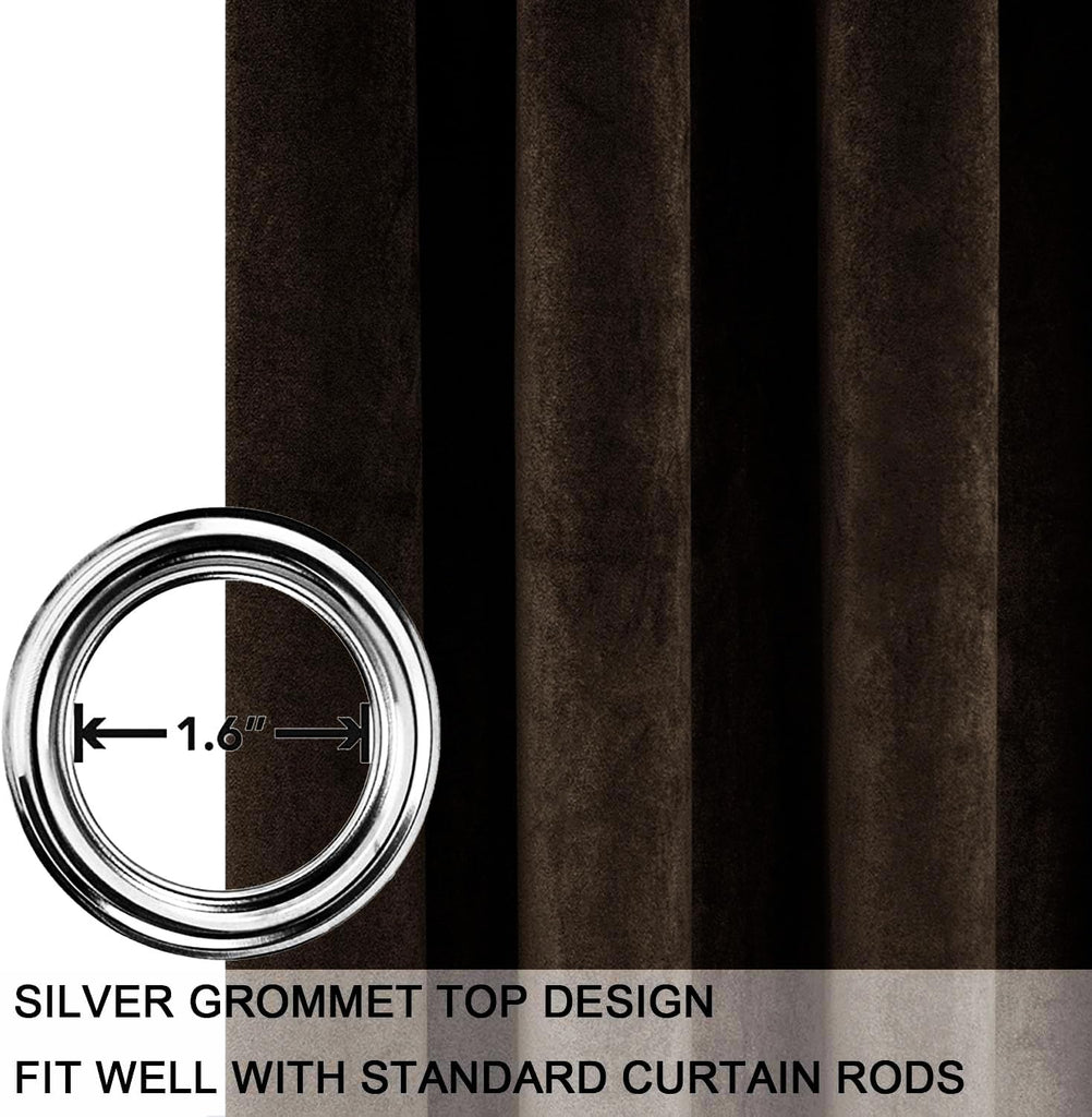 Brown 96in Long Luxury Velvet Curtain Panels with Grommet, Insulated Soft Privacy Noise Reducing Velvet Window Drapes