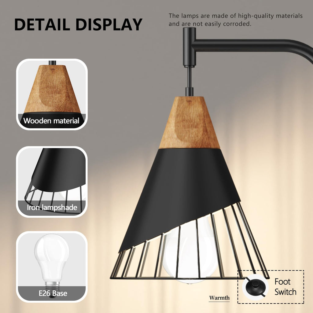 67" Industrial Floor Lamp with Wood & Black Metal Shade, Modern Standing Lamp, Rustic Farmhouse Tall Lamp Bedroom