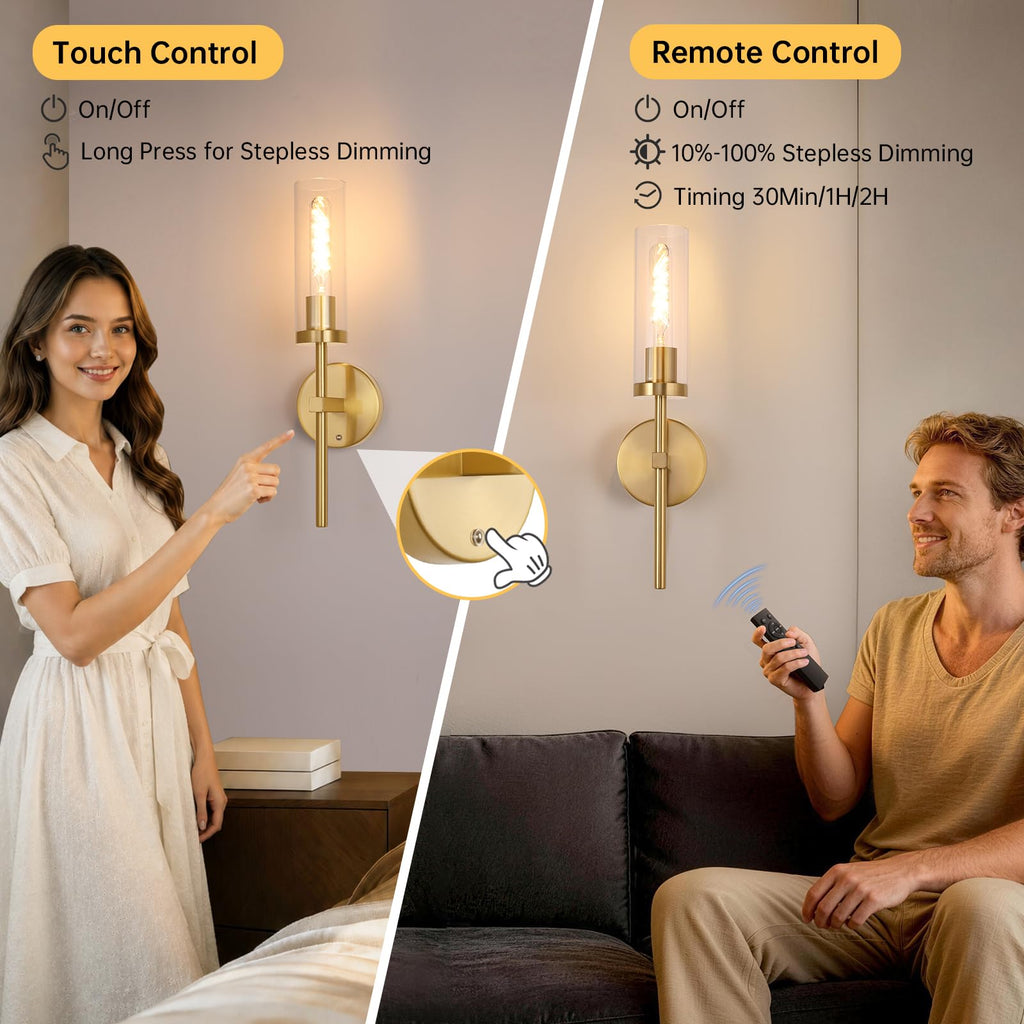 Set of 2 Battery Operated Wall Sconce with 3 Color Temperatures & Remote Control, Gold Rechargeable Dimmable Wall