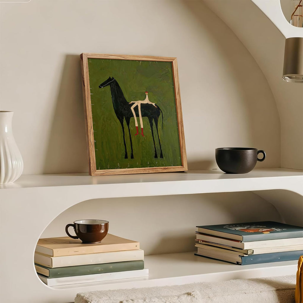 Abstract Horse Canvas Wall Art Framed Vintage Olive Green Fun Animal Poster Western Horse And Figure Print For