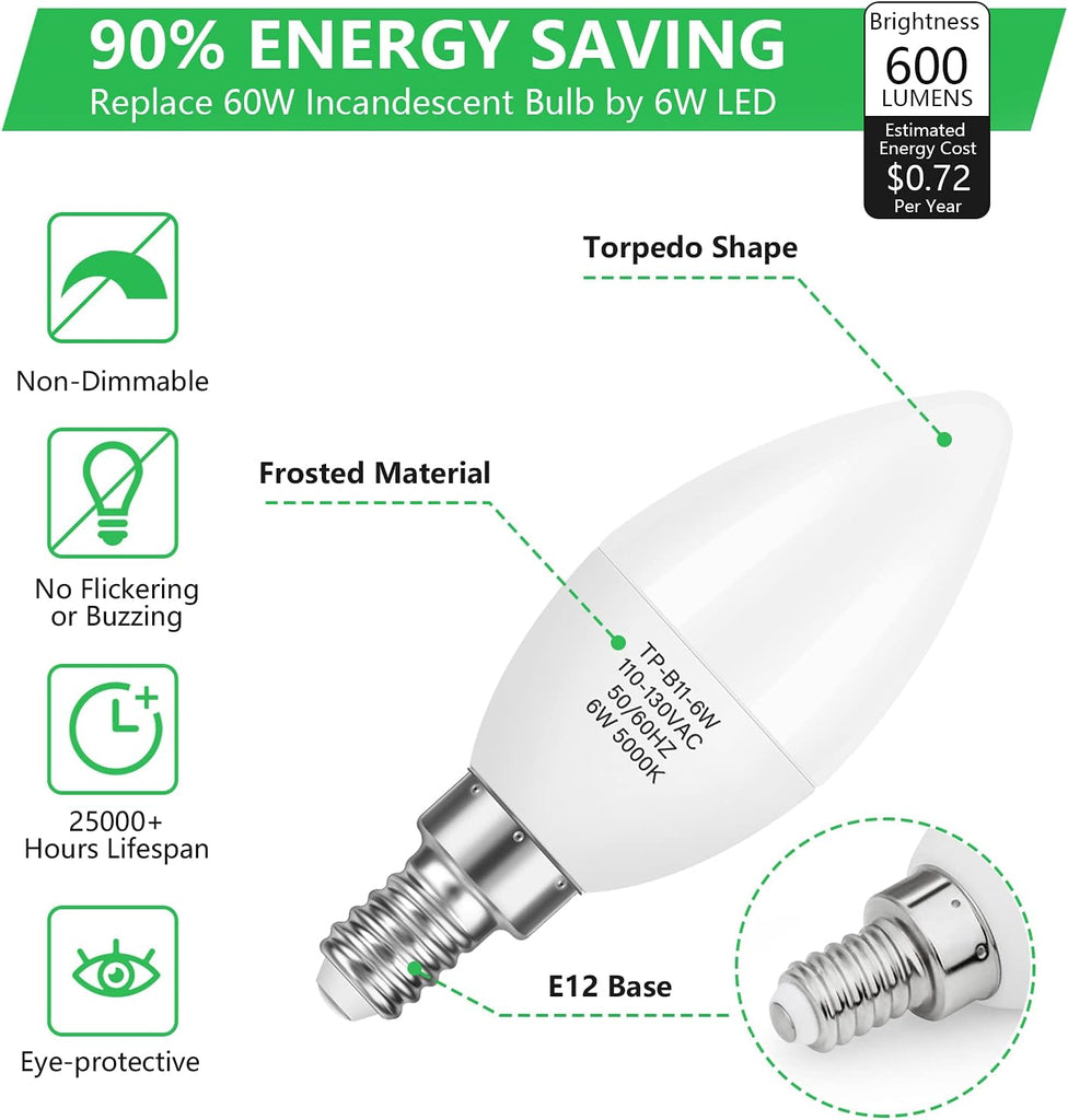 E12 Candelabra LED Bulbs 60W Equivalent, 600 Lumens 6W, 12-Pack