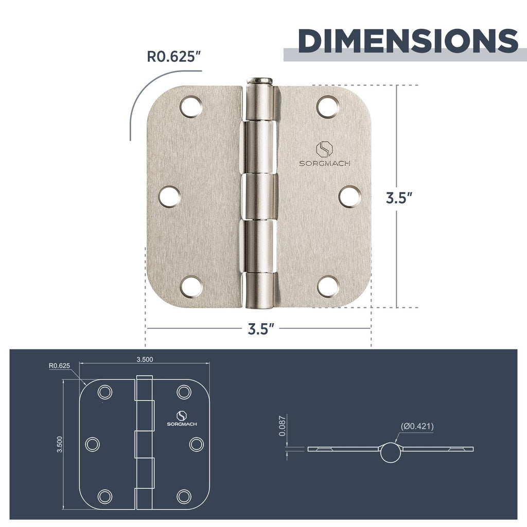 Door Hinges Satin Nickel 3.5 Inch Interior Hinges 5/8" Radius - 12 Pack