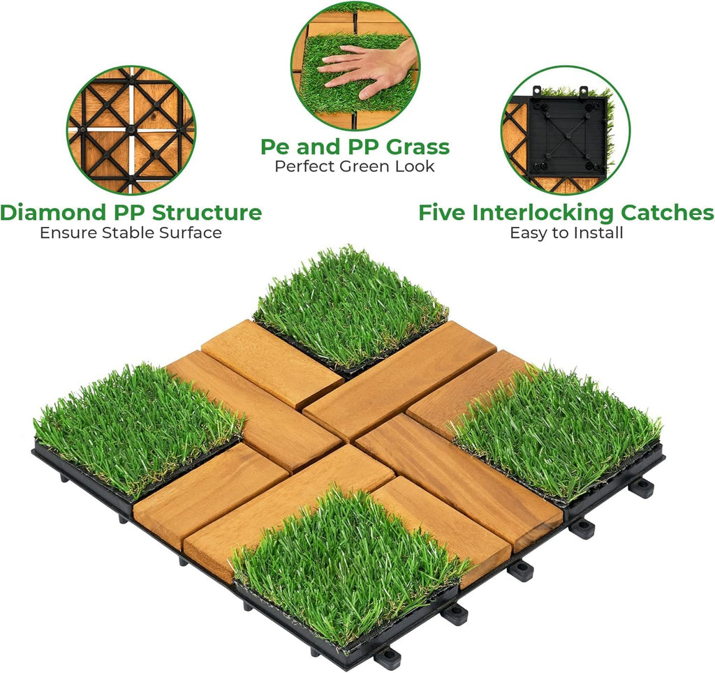 Interlocking Acacia Wood and Artificial Grass Deck Tiles, 12"x12", 0.94" Thick, Outdoor Patio Flooring for Garden